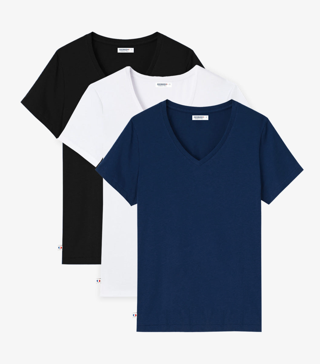 T-shirt col V Femme x3 - Pack Marine/Blanc/Noir