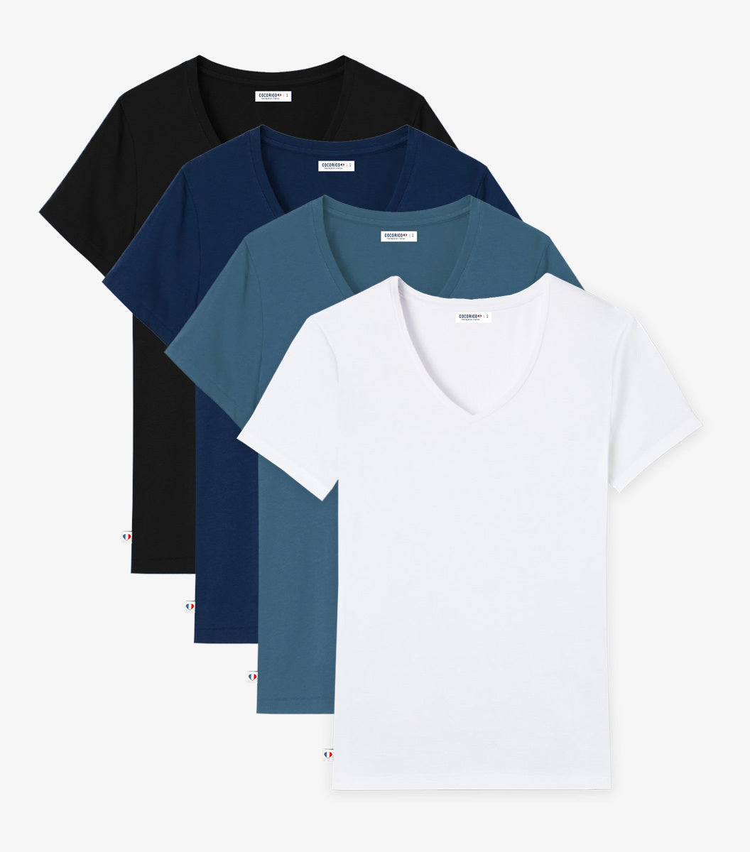 T-shirt col V Femme x4 - Pack Marine/Blanc/Noir/Azur